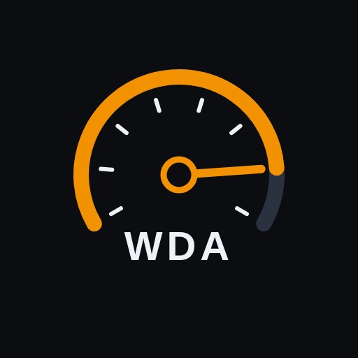 The Web Design Automation app icon: an orange speedometer gauge above the letters WDA on black