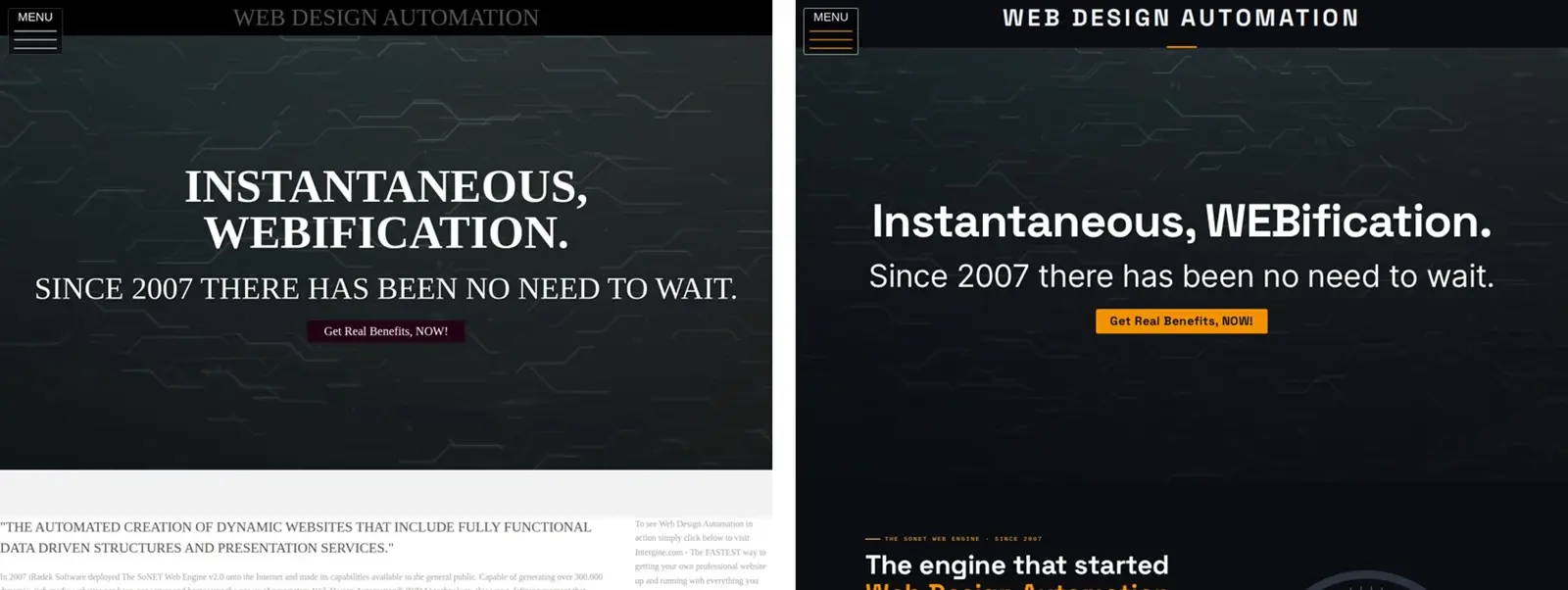 The top of this home page before the redesign, left, and after it, right, on 28 October 2026